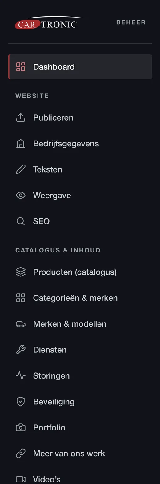 Menu van het geavanceerde beheerpaneel van CarTronic