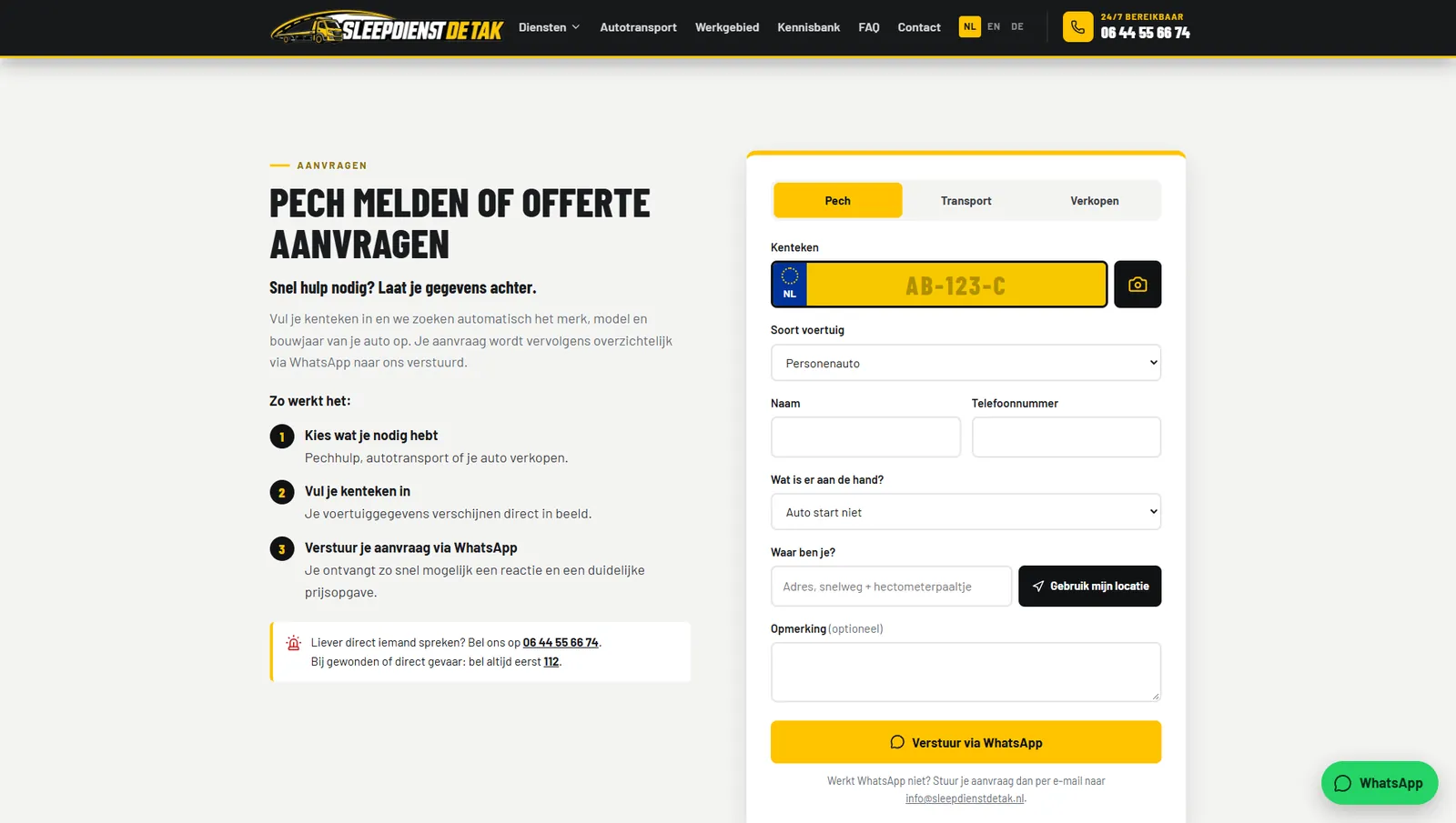 Aanvraagformulier van Sleepdienst De Tak met kentekencheck