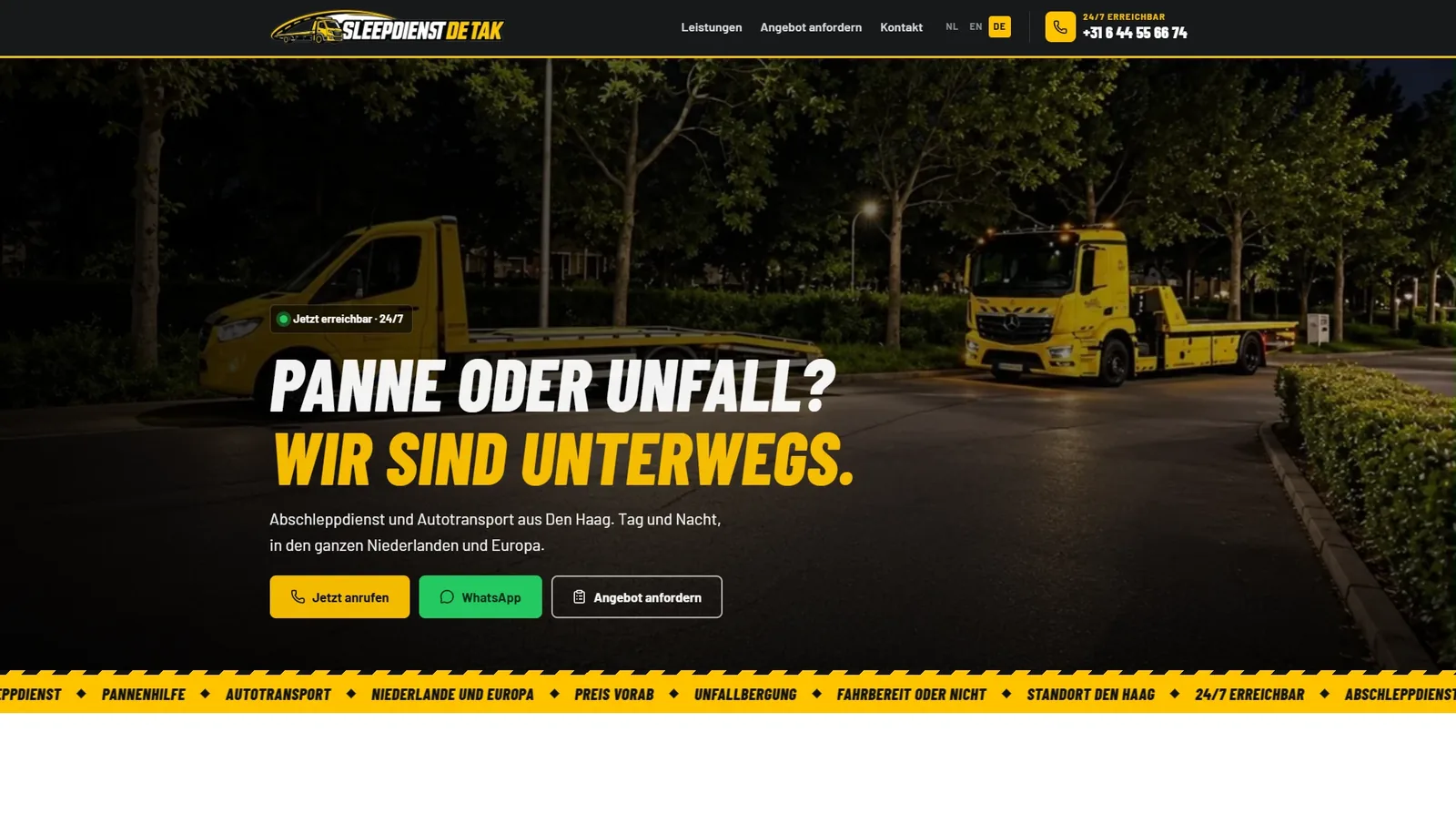 Homepage van Sleepdienst De Tak op desktop, Duits