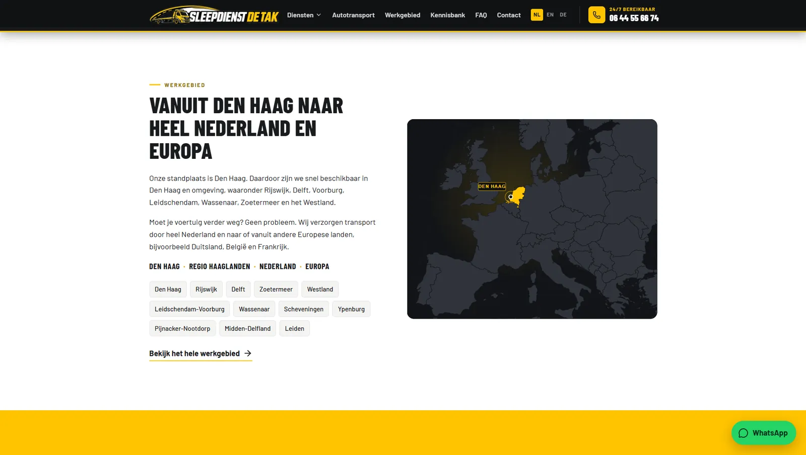 Werkgebied van Sleepdienst De Tak met kaart