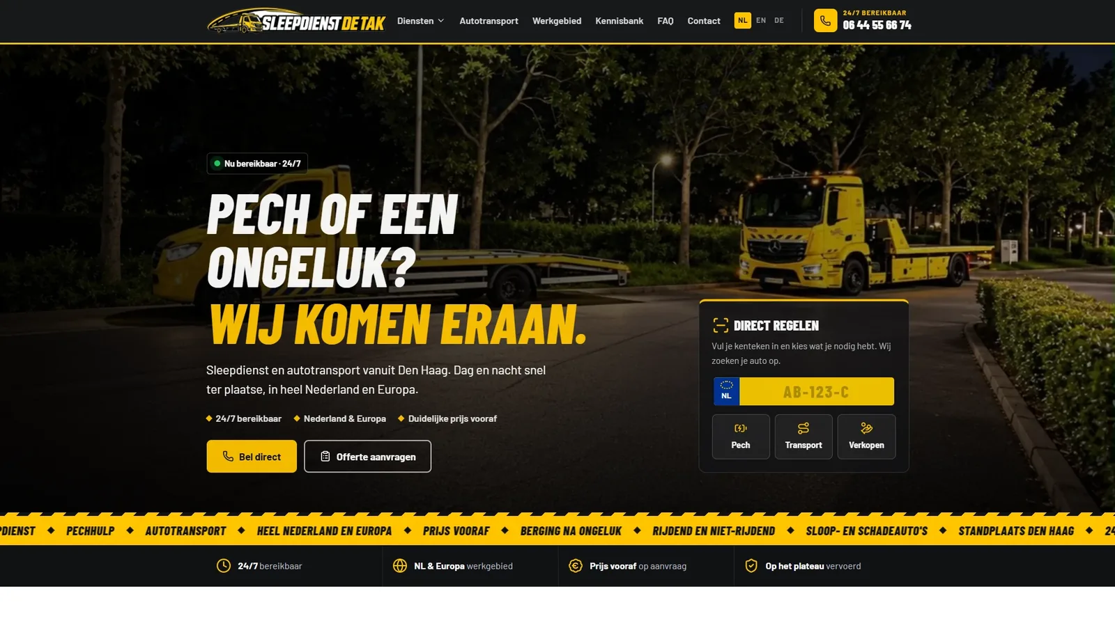 Homepage van Sleepdienst De Tak op desktop, Nederlands