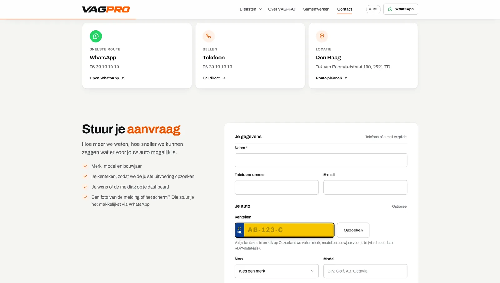 Contactpagina van VAGPRO met kentekenformulier