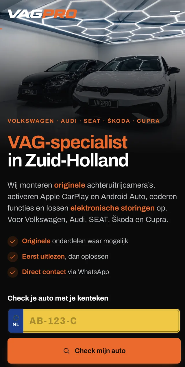 Mobiele homepage van VAGPRO