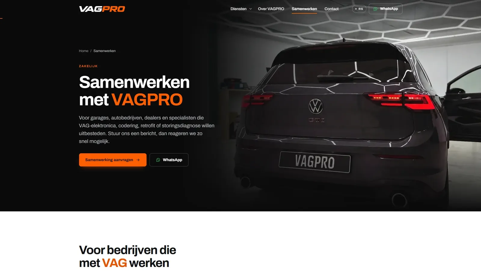 Samenwerken-pagina van VAGPRO op desktop